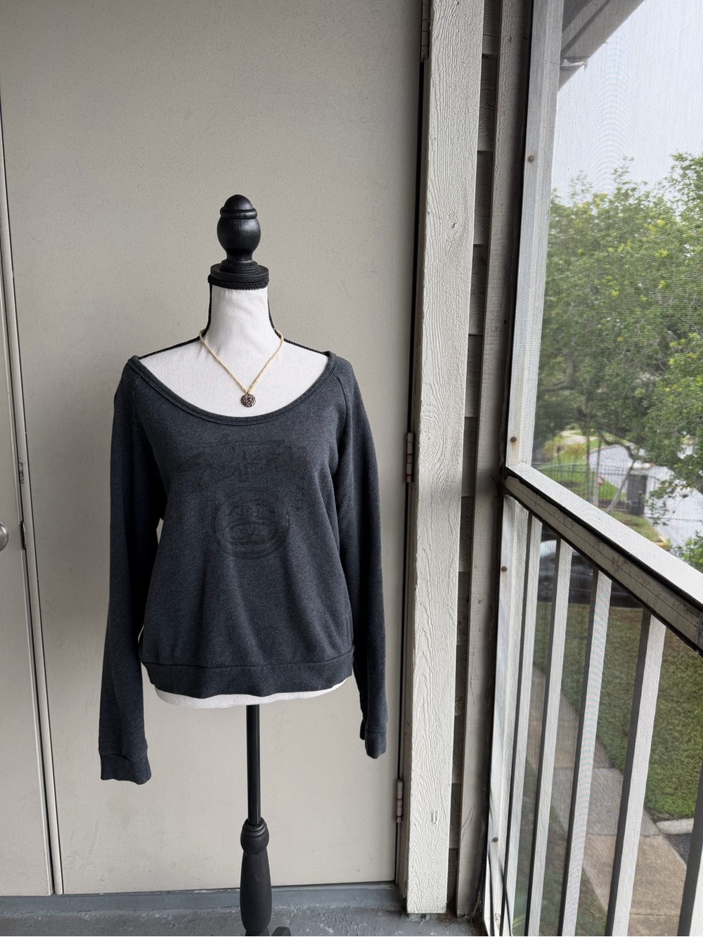 Y2K Stussy Charcoal Off-Shoulder Sweatshirt